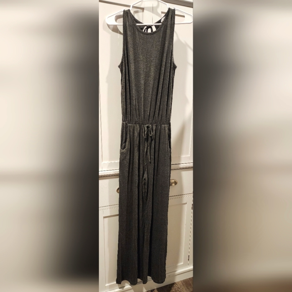 Gray, full length, flowy, tank style, wide leg romper.